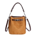 Vintage suede bucket bag with contrast brown stitching and metallic turn-lock closure - Suede Material Brown