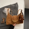 Brown retro underarm bag with a gold metal accent and a cute plush bear pendant - Brown with Pendant
