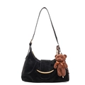 Minimalist black crescent shoulder bag with golden metal buckle and cute brown bear charm - Basic Style / Black