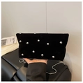 Black suede crossbody bag with silver studs and a metallic chain strap for women - Black