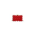 Detailed view of red spherical textured evening bag with golden chain and clasp - Red