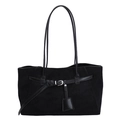 Bolso tote negro de ante minimalista con hebilla plateada decorativa y asas largas de hombro - Negro