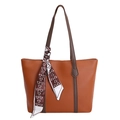 Grande borsa tote da donna in pelle marrone con elegante sciarpa di seta con motivo a orso - Marrone