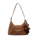 Brown retro underarm bag with pleated design, metal hardware and plush bear charm - Basic Style / Brown