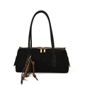 Bolso Boston retro de ante negro con cremallera dorada y detalle de borla tejida - Sin amuleto adicional / Negro