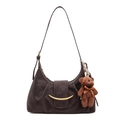 Dark brown matte leather hobo bag with gold metal buckle and cute brown bear charm - Basic Style / Brown