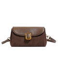 Minimalist vintage small square bag in dark brown suede leather with gold metal buckle - Brown