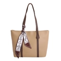 Borsa tote kaki e marrone con sciarpa di seta stampata e finitura in pelle opaca - Cachi