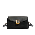 Minimalist black square bag with suede patchwork and golden metal buckle for women - Black
