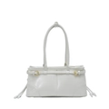 Cream white shoulder bag in long rectangular shape with decorative buckles and top handles - White