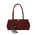 Bolso Boston de ante rojo vino con doble cremallera dorada y asas de estilo vintage - Sin amuleto adicional / Burdeos
