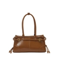 Retro brown leather underarm bag in caramel finish with gold buckle and side drawstrings - Brown