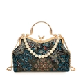 Elegante Abendtasche mit Blumenstickerei, Perlengriff und Goldkette für Damen - Schwarz
