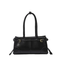 Vintage black patent leather underarm bag with elegant gold buckles and dual handles - Black