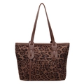 Leopard print faux suede tote bag with deep brown leather handles on white background - Leopard Coffee