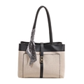 Borsa tote in tela beige con finiture in pelle nera, chiusura a girello e foulard decorativo - Nero