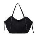 Borsa tote nera capiente retrò con trama in denim e cinghie decorative in pelle - Nero