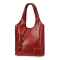 Minimalist red patent leather pleated tote bag with side lacing and small zipper pouch - Red