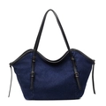 Grande borsa tote in denim blu scuro con manici neri in pelle e dettagli fibbia - Blu scuro