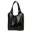 Minimalist black glossy leather pleated shoulder bag with decorative tie and wide strap - Black