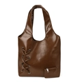 Dark brown pleated underarm bag with a mini side pocket and cross-tie decorative detail - Brown