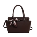 Dark brown lychee pattern leather handbag with bow silk scarf and crossbody strap - Brown