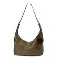 Vintage olive green suede shoulder bag with plush ball charm and decorative white stitching - Green