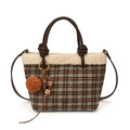 Plaid wool tote bag with cream faux fur trim and brown leather handles in grey and tan - Brown