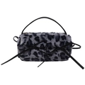 Chic grey leopard faux fur cylinder handbag with black decorative bows for women - Black