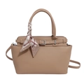 Khaki pebbled leather handbag with pink silk scarf detail and adjustable shoulder strap - Khaki