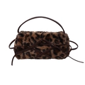 Faux fur leopard print cylinder handbag with dark brown handles and bow accents - Brown