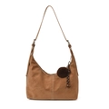 Caramel brown suede shoulder bag with plush ball charm and decorative white stitching - Brown