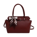 Elegant wine red leather handbag with lychee texture and silk scarf bow detail - Burgundy