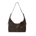 Minimalist dark brown faux suede shoulder bag with white contrast stitching and pom-pom - Brown