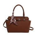Brown litchi grain leather handbag with decorative scarf and silver hardware detail - Brown