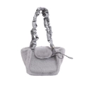 Borsa a mano in peluche grigio da donna con tracolla in PU a pieghe e patta morbida - Grigio