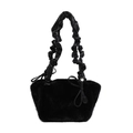 Elegante borsa a mano in peluche nera con manico in pelle arricciata e fiocco - Nero