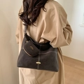 Deep charcoal gray suede tote bag with white contrast stitching and gold buckle detail - Brown