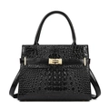 Classic black crocodile pattern tote bag with gold swivel lock and crossbody strap - Black