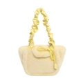 Pale yellow plush handbag with scrunched leather handle and sweet bow tie detail - Yellow