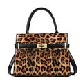 Chic leopard print crossbody tote bag with black round handles and gold lock closure - Leopard Print