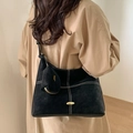 Retro black suede crossbody bag with white stitching and detachable small purse - Black