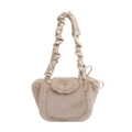 Chic beige plush handbag with trendy scrunched handle and elegant side ribbon bow - Khaki
