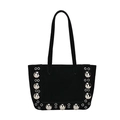 Black suede tote bag with silver metal studs and eyelets on a long shoulder strap - Black