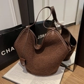 Retro coffee brown teddy fleece tote bag with PU leather trim in a home setting - Brown