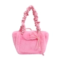 Chic pink fuzzy faux fur handbag with a unique ruched handle and decorative ribbon bow - Pink