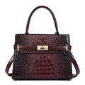 Elegant wine red crocodile pattern handbag with gold metal lock and shoulder strap - Fuschia