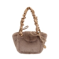 Brown faux fur plush handbag with ruched leather handle and bow tie detail - Brown