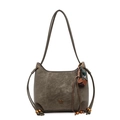 Vintage olive green leather shoulder bag with floral pendant and side drawstrings - No Pendant / Green