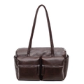 Borsa a spalla minimalista in pelle testa di moro con due tasche frontali con cerniera - Marrone